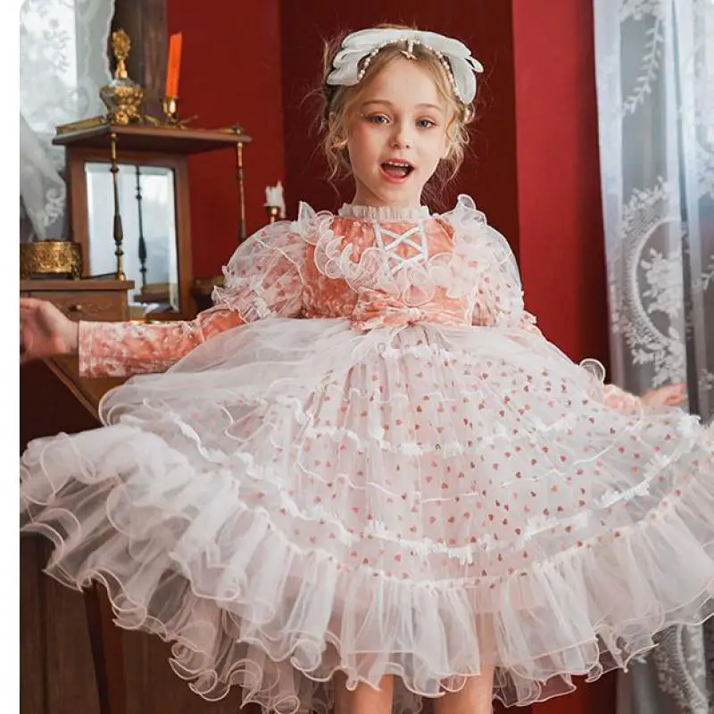Vestido de terciopelo Lolita para ni&ntilde;as, ropa de fiesta de 3 a 12 a&ntilde;os, largo hasta la rodilla, con dobladillo suelto de manga larga y malla completa, Oto&ntilde;o e Invierno-2