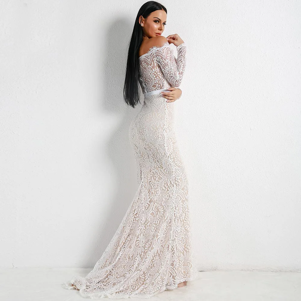 Женское длинное платье с юбкой-годе кружевной аппликацией и молнией на спине |