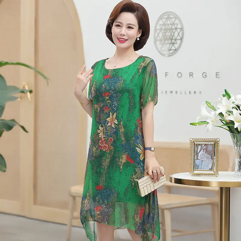 

2021 Women Spring Summer Vintage Mid-aged Print Dresses Female Casual Short Sleeve Plus Size Dress Lady Loose A-line Vestido J11