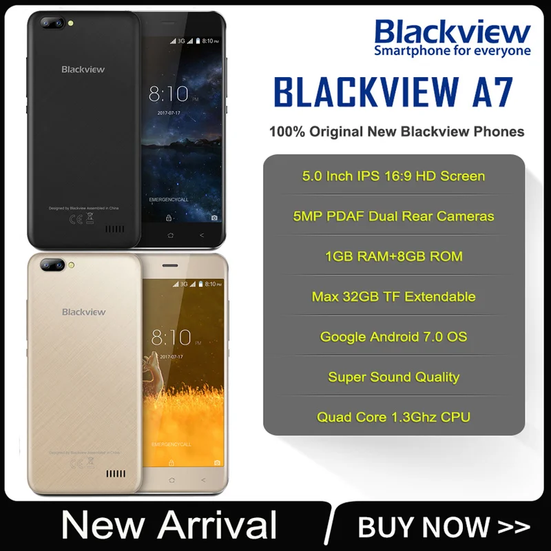 Blackview A7 смартфон с четырёхъядерным процессором MT6580 ОЗУ 1 ГБ ПЗУ 8 Android 7 0 3 камеры 3G