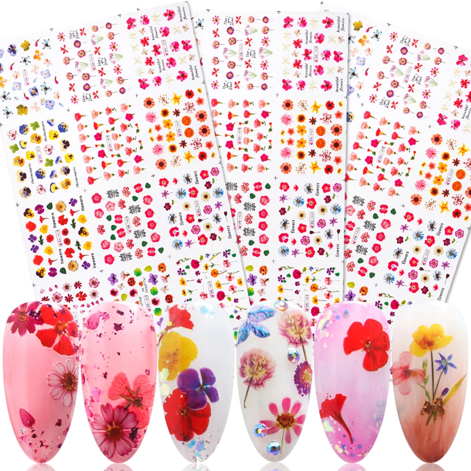 Водяные наклейки для ногтей 12 шт. переводные с цветами цветные тату и маникюра