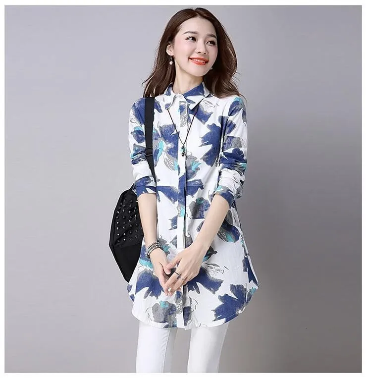 3009 Chinese Linen Shirt Women White Long Sleeve Retro Floral Print Shirt Women Cotton Long Linen Blouse Female Vintage Tunics