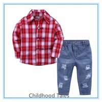 hot sale boy plaid long sleeved shirt and jeans suit two piece trousers for children fashionable kids jeans clothing