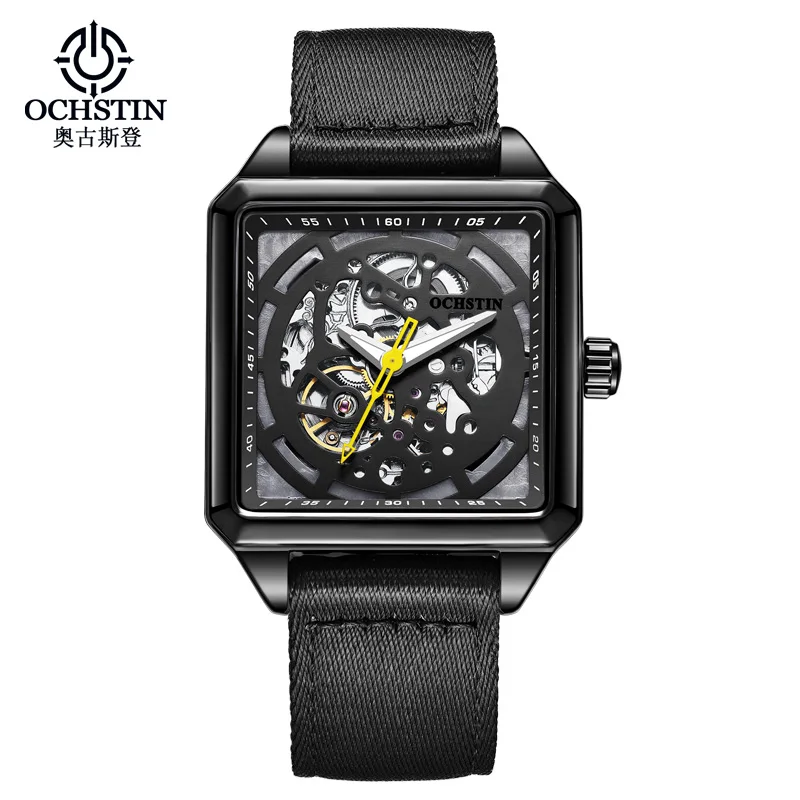 

OCHSTIN Classic Black Men Mechanical Watch Tourbillon Fashion Trend Square Leather Strap Men's Auto-Winding Full Hollow Watches