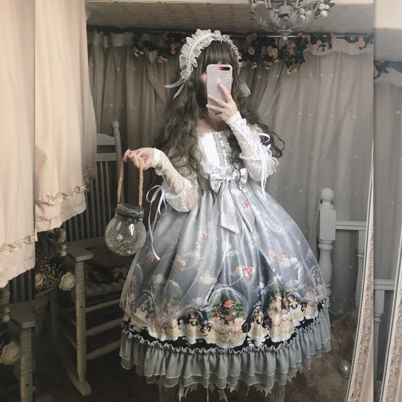 

Crystal Ball Gray jsk Spring Summer Sweet Girl Lolita Women's Cute Princess Soft Sister Sling Mesh Fairy Retro Suspender Dress