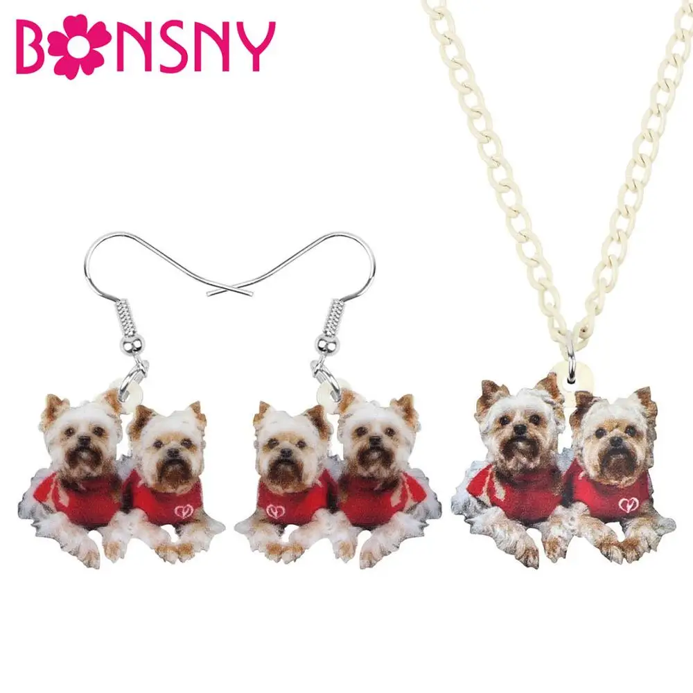 

Bonsny Acrylic Christmas Double Yorkshire Dog Jewelry Sets Necklace Earrings Animal Jewelry For Women Girls Teen Kids Charm Gift