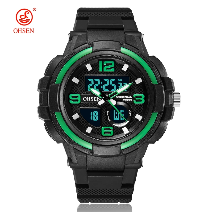 OHSEN цифровой бренд кварцевые мужские наручные часы dual time Мода дайвер спортивный