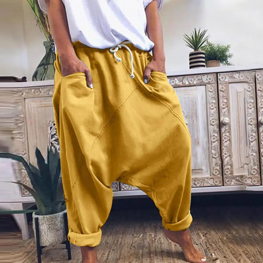 

Women Casual Drawstring Pockets Drop Crotch Baggy Long Trousers Harem Pants