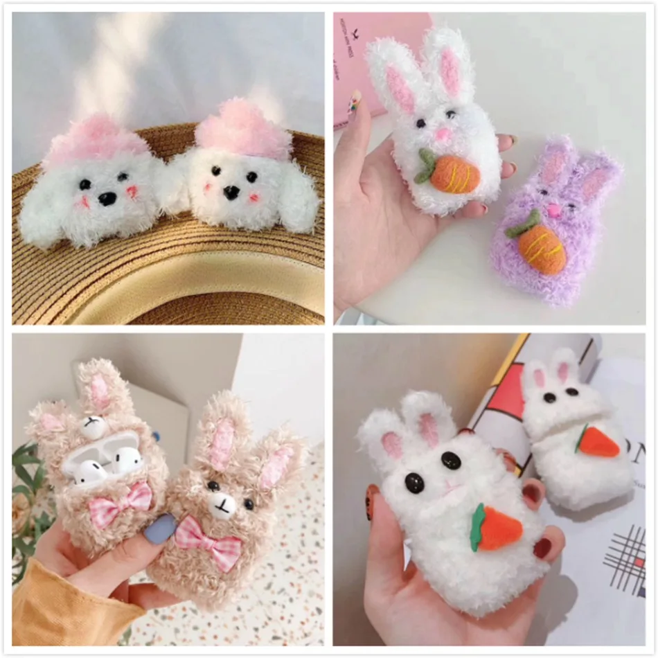 3D Cute Earphone Case for Airpods Cartoon Knitted plush Cover Apple 2 Teddy Dog Rabbit Earpods Accessories |