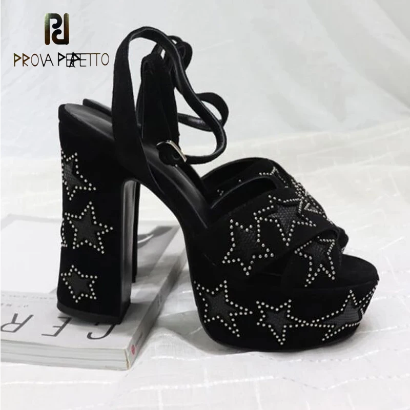 

Star pattern platform super high heel sandals summer black suede catwalk cross strap open toe sexy high heel sandals for women