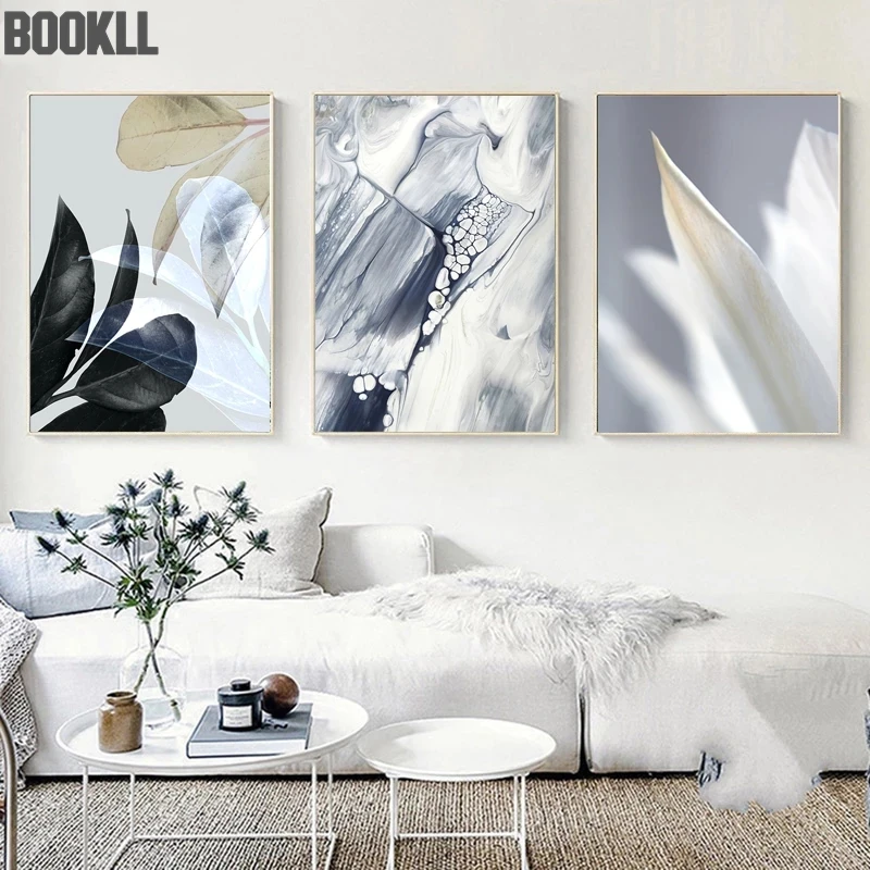 

Grey Abstract Painting Scandinavian Marble Poster Black Leaf Print Botanical Canvas Print Wall Art Picture Living Room Decor