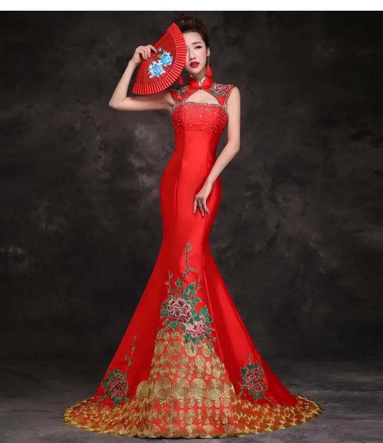 

Red Sexy Vintage Slim Qipao Mandarin Collar Mermaid Cheongsam Embroidery Flower Wedding Party wedding qipao Dress