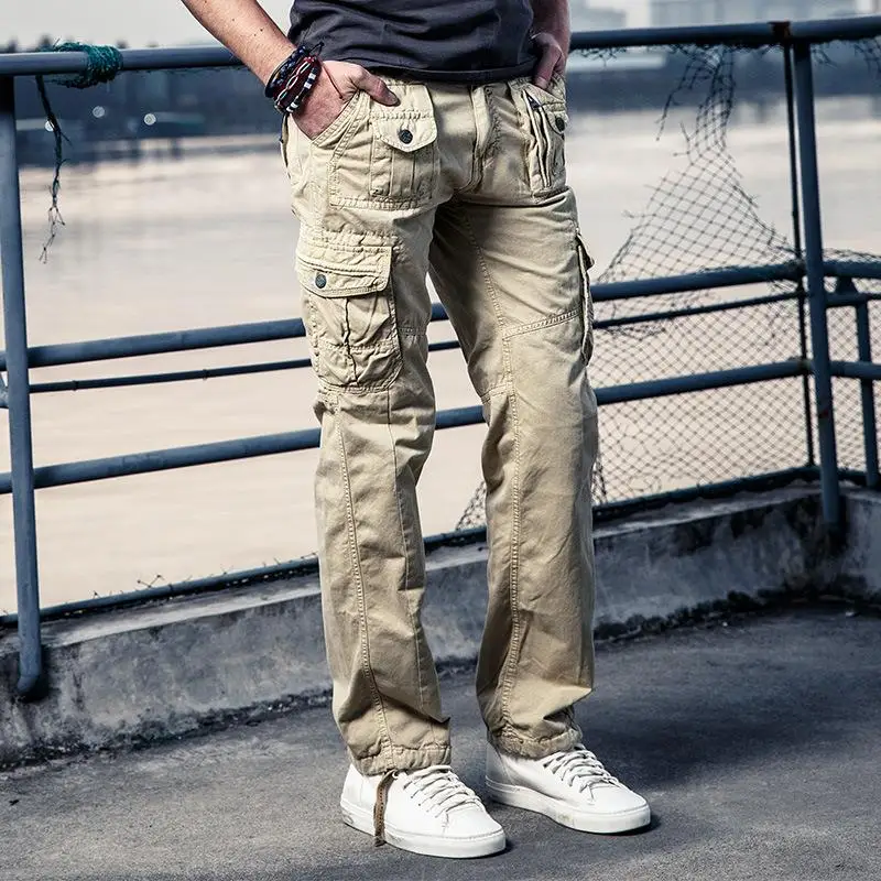 

Fashion Solid Color Casual Plus Size Cargo Trousers Cotton Outdoor Safari Style Multi-pocket Straight-leg Pants