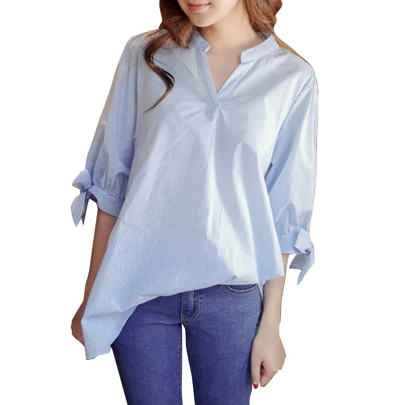 Женская блузка в тонкую полоску с коротким пышным рукавом синяя рубашка блуза v