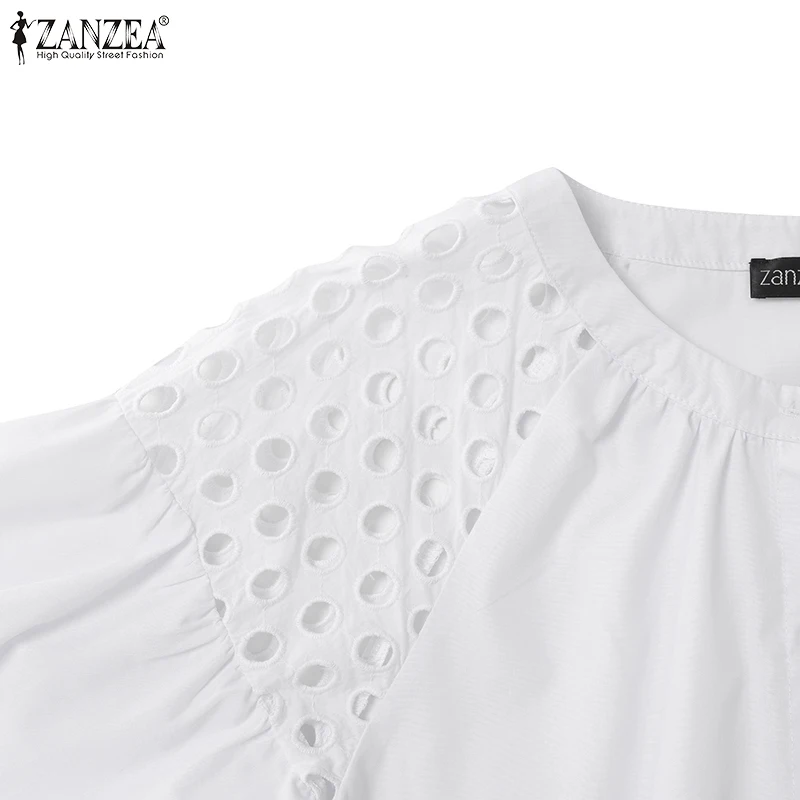 

2021 Women Vintage Blouse Summer Office Lady Puff Sleeve Button Up Top ZANZEA Casual Solid Patchwork Hollow Out Oversized Blusa