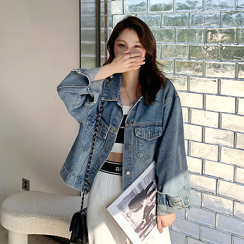 

Woman Denim Jacket 2021 New Autumn Jacket Long Sleeve Polo Collar Female Fall Loose Korean Fashion Mid Length Outerwear
