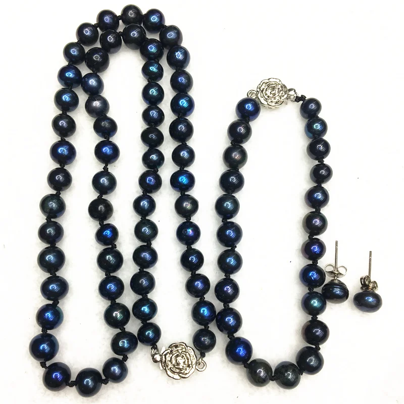 Натуральный жемчуг Новая мода Сделай Сам 7-8 мм натуральный черный Пресноводный Культивированный круглый ожерелье из жемчужных бус браслет серьги набор MY4532