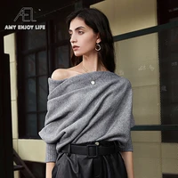 ael irregular knitted pullover jumper women sexy boat neck crop sweater top spring soft 100 wool stylish streetwear