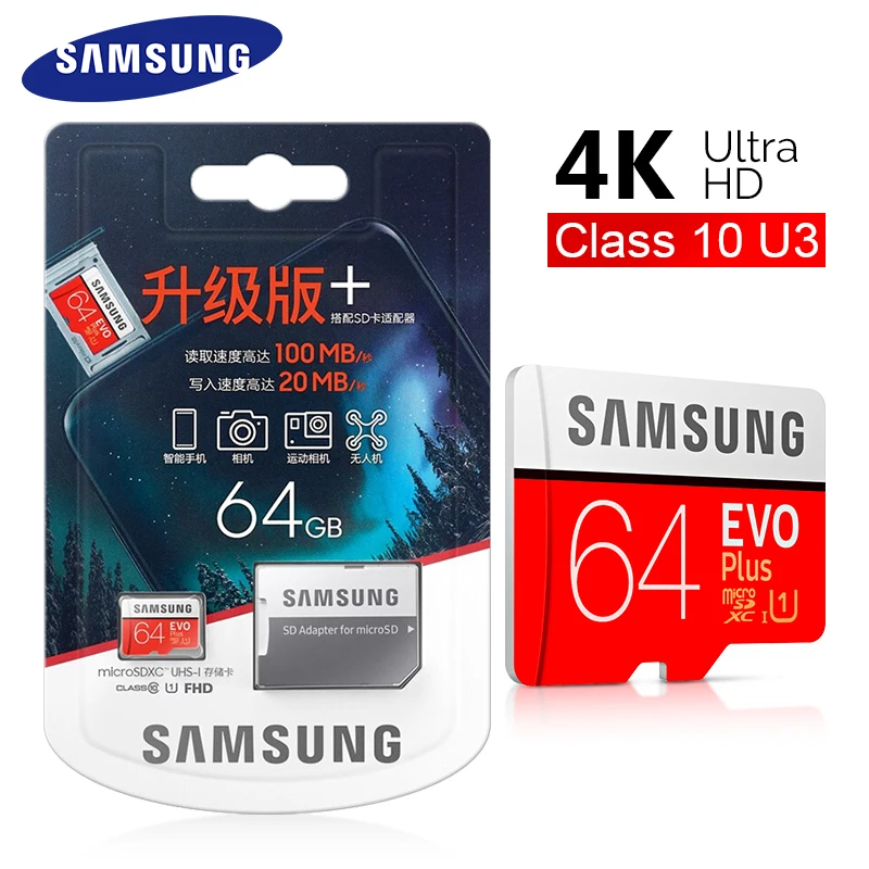 SAMSUNG Memory Card EVO Plus 32GB 64GB U1 Micro SD Card 128GB U3 UHS-I TF C10 4K Flash Memory for Smartphone Tablet with Adapter