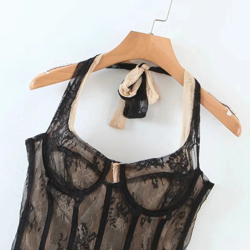 Chic Double Lace Hook Flower Slim Camisole Sexy Backless Bandage Neck-mounted Camis Summer Moda Crop Top Mujer Verano 2021