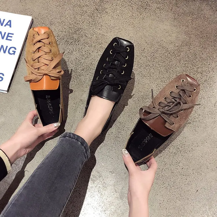 Женские кожаные кроссовки EOEODOIT черные повседневные с квадратным носком на