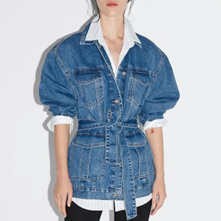 Женская джинсовая куртка с поясом свободная однобортная весна осень 2020|Женские