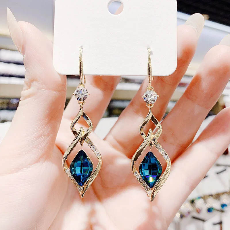 

2021 Trendy Korean Long Tassel Earrings for Women Blue Crystal Geometry Elegant Female Gold Dangle Drop Earrings Fashion Jewelry