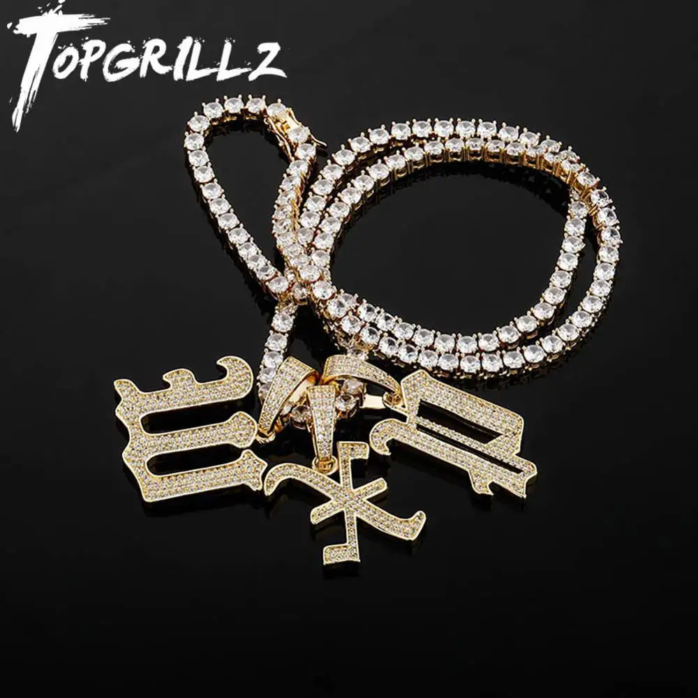

TOPGRILLZ Iced Out Letters A-Z Pendant Necklace With 4mm Tennis Chain Micro Pave CZ Stone Hip Hop Punk Style Jewelry For Gift