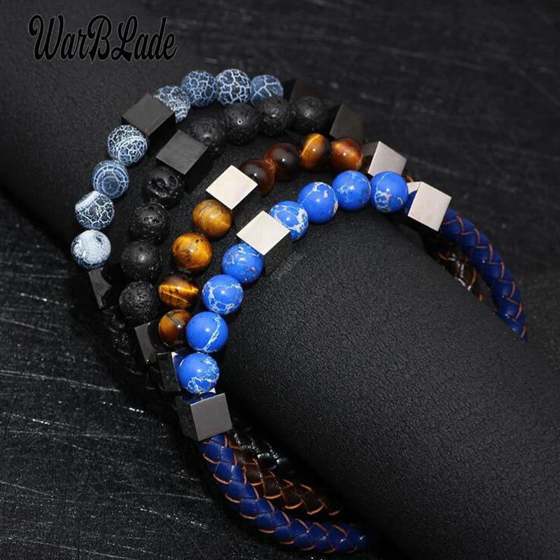 

New Fashion Braided Leather Stainless Steel Bracelets Bangles Natural Stone Beads Volcanic Lapis Lazuli Agat Tiger Eye Bracelets