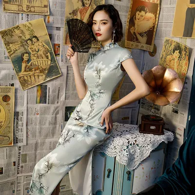 5513-blue qipao 13 цветов плюс размер 4XL китайские платья Чонсам современное длинное женское шелковое платье Ципао в китайском стиле элегантное традиционное платье - Цвет: 5513-blue qipao