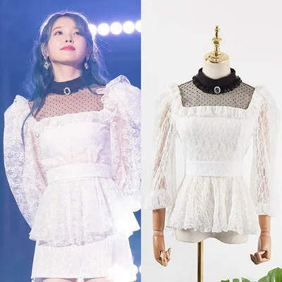 Женское кружевное платье рубашка белое с брошью и поясом IU 장lee Lee Ji Eun дель LUNA