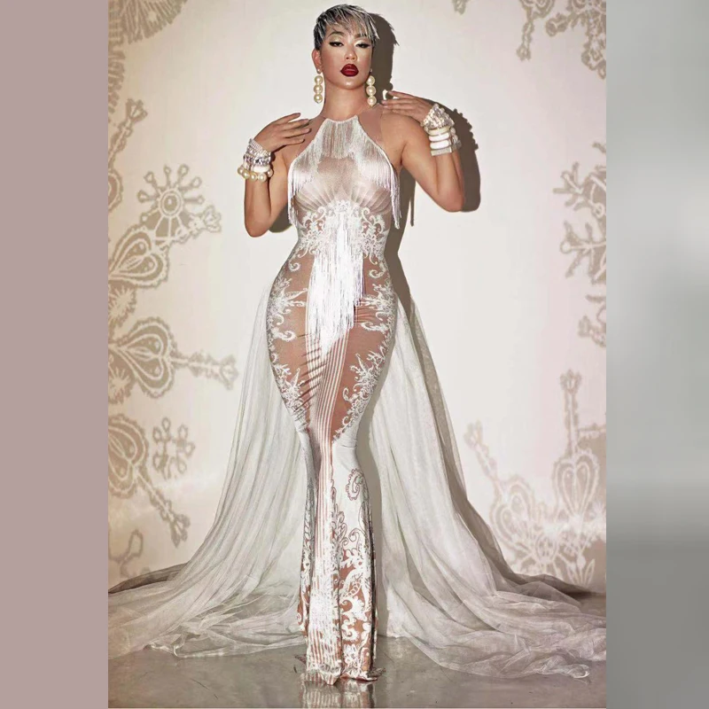 

Nude White Dress Tail Dance Costume GOGO Dance Performance Clothes Stretch Dress Party White Fringe Prom Singer Long Dress Stage