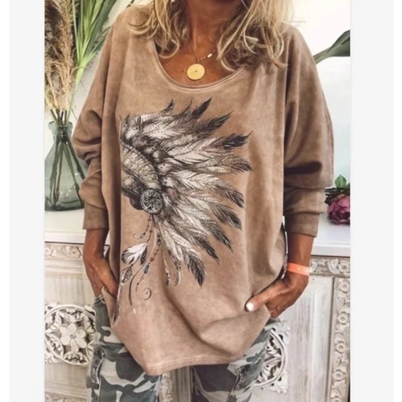 

Summer Women T-Shirts Long Sleeve T Shirt Casual Tops Blouse Loose Printed Feather Shirt Plus Size Blusas Mujer De Moda
