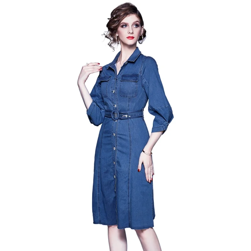 

Simgent Denim Dress Women Fashion 2020 Turn Down Collar Belted Three Quarter Sleeve Jeans Dress Dames Jurken Robe Femme SG004224