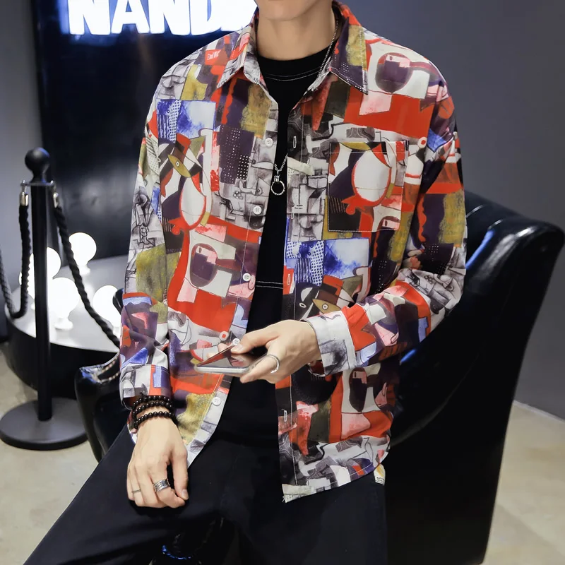 Мужская винтажная рубашка свободная дизайнерская с геометрическим принтом