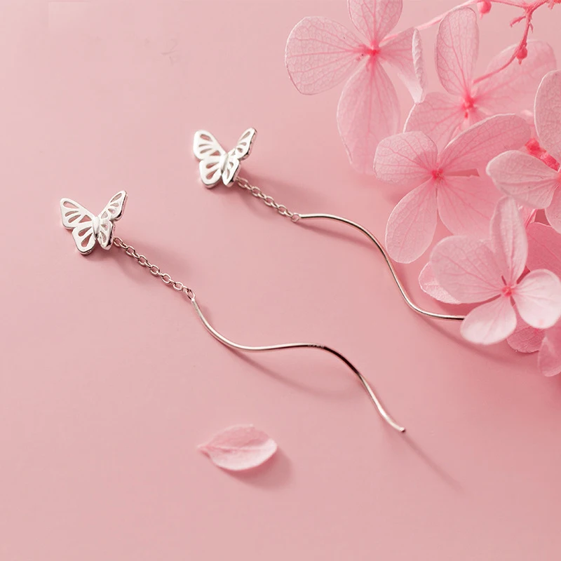 

Real 925 Sterling Silver Hollow Butterfly Threader Earrings Cute Pull Through Drop Earrings for Women Girls
