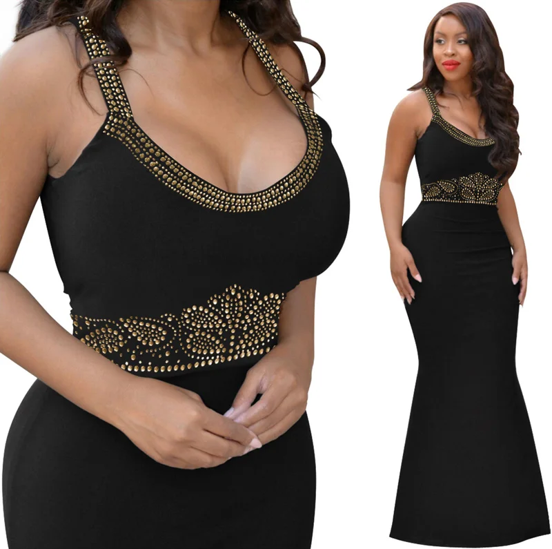 Женское элегантное Макси-Платье, стразы, Vestidos, сексуальное, без рукавов, бодикон, платье русалки, вечерние платья, Femme, вечерняя одежда, черный, белый
