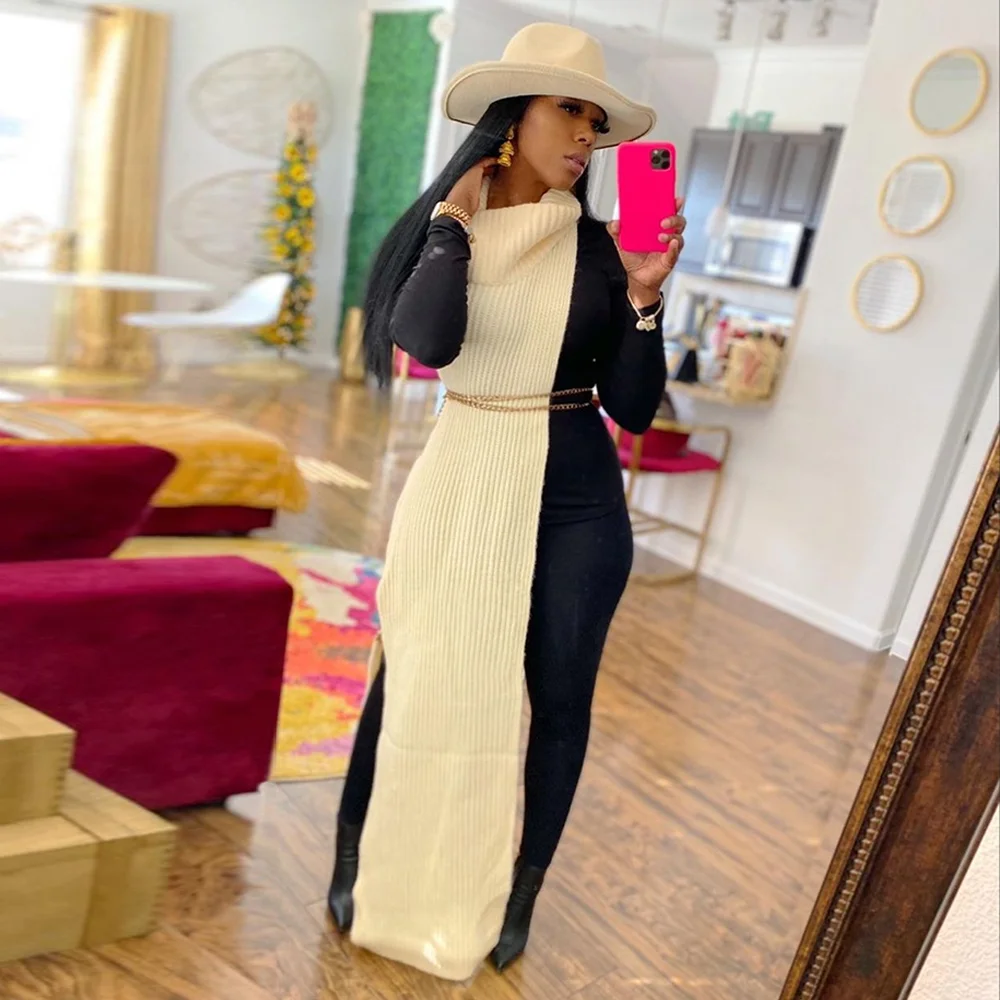 

Женское осенне-зимнее трикотажное платье-свитер, модное свободное платье с высоким воротником, повседневное теплое платье Макси