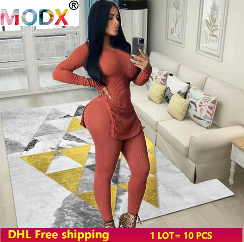 

Women Rib Two Piece Set Casual Outfit Split Long Tops+Leggings Spring/Fall Clothing Plus Size 3XL Solid Jogging Suit 3XL 3771