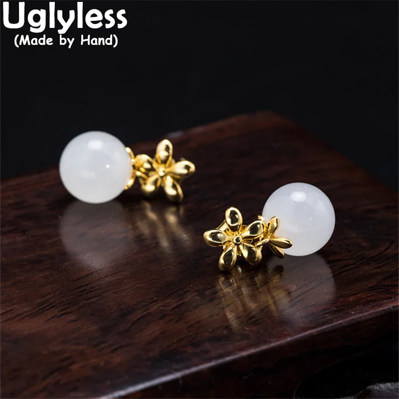 

Uglyless Hotan Natural Jade Balls Gemstones Earrings for Women Gold Flowers Brincos Real 925 Silver Floral Studs Earrings Vogue