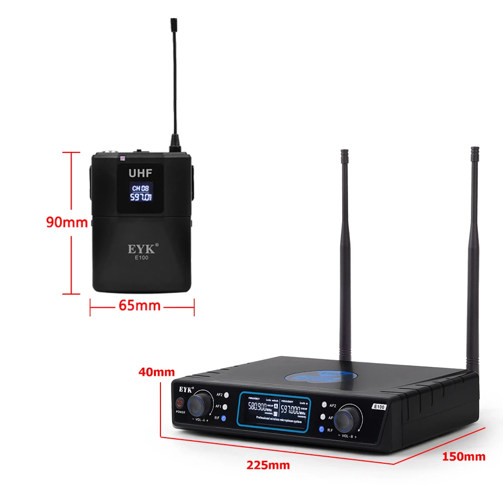 EYK E100 UHF 2 канала беспроводной микрофон 2 поясной передатчик с 2 гарнитура микрофон+ 2 петличный нагрудный микрофон для речевого караоке