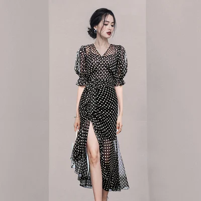 

ZAWFL 2021 Fashion Summer Vintage V-Neck Polka Dot Printed Chiffon Drawstring Midi Dress Women Elegant Slim Ruffle Vestidos