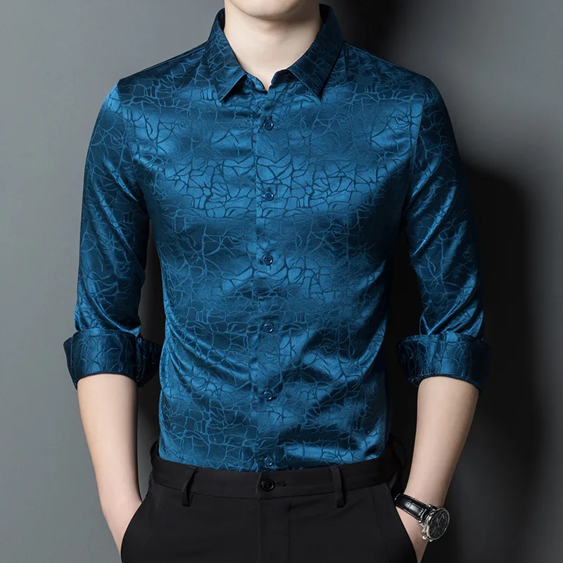 

Autumn new style mulberry silk men's long-sleeved shirt young and middle-aged fashion casual loose jacquard trend shirt for men