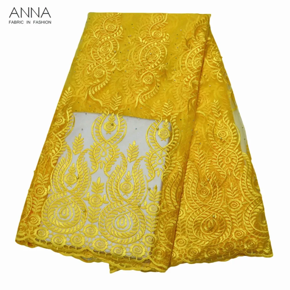 Желтая вышивка Анна французская сетчатая кружевная ткань с камнями и бусинами 5
