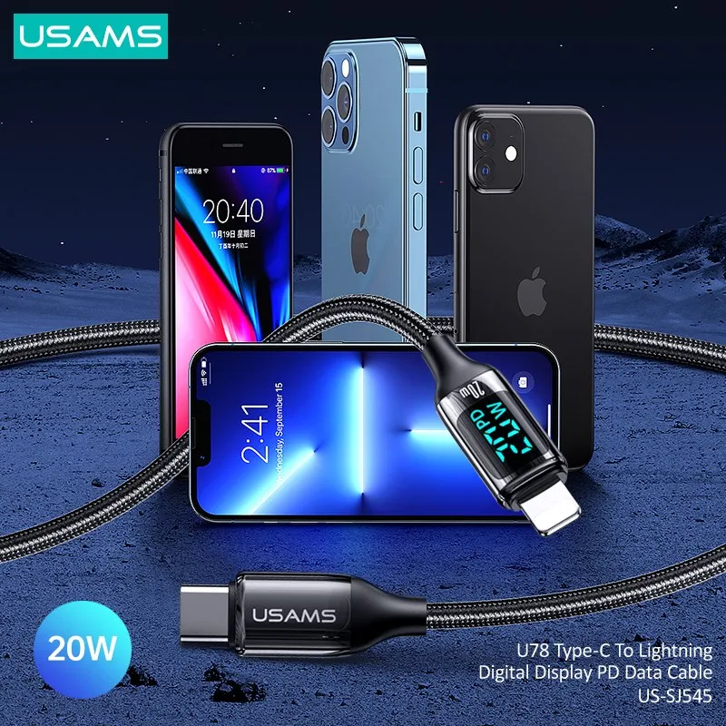 USAMS Светодиодный кабель дисплея 100W 6A PD QC Быстрая зарядка USB A C К типу Телефонный