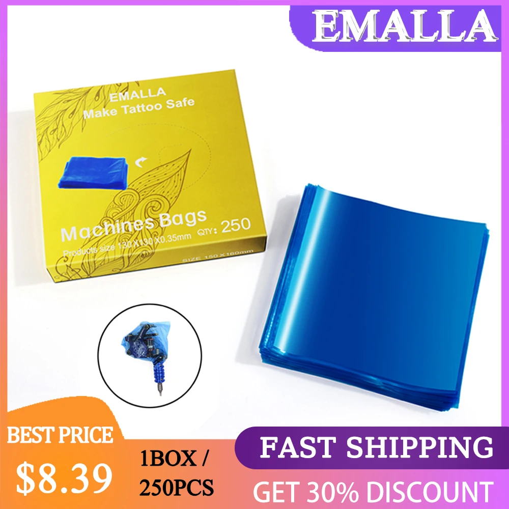 

EMALLA 250pcs 0.35mm Thickness Blue Tattoo Machine Covers Sleeves Bags Tattoo Clean Barrier Bags for Tatttoo Accessories Supply