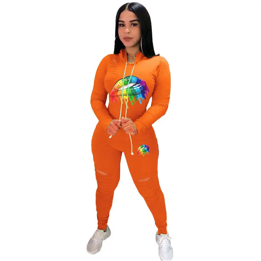 Зимний женский комплект с принтом в виде рта толстовки свитшоты леггинсы штаны