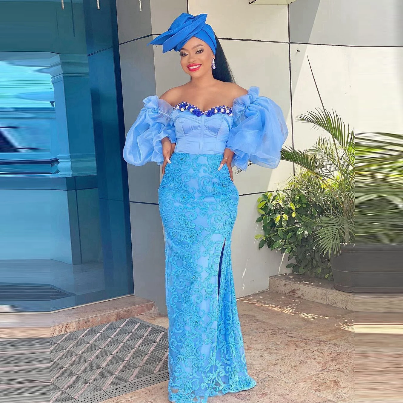 

Sky blue lace fluffy sleeves prom banquet wedding evening dress strapless Aso aso style