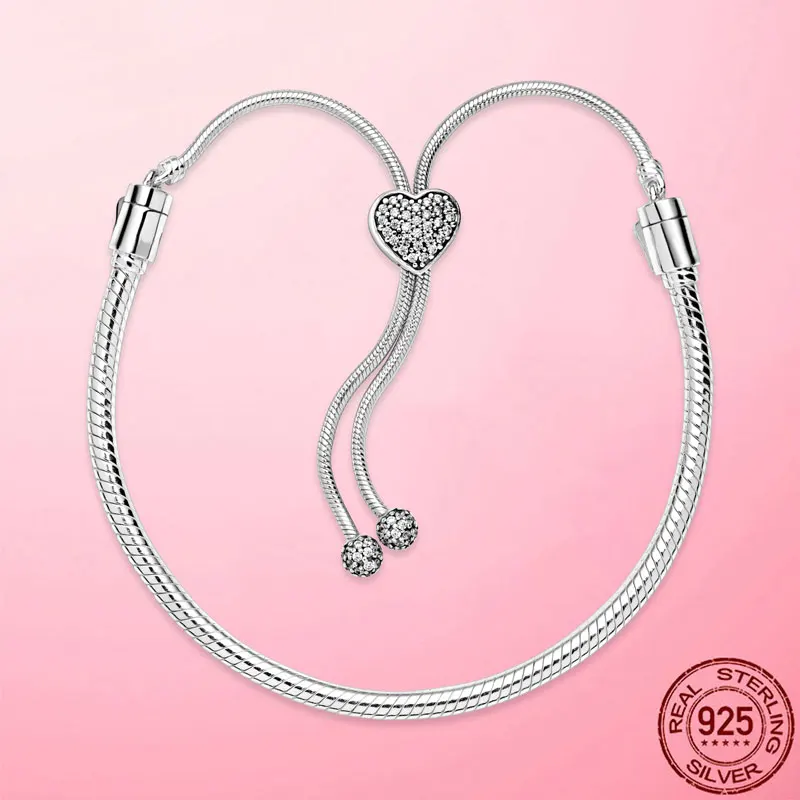 

Femme Moments Pave Heart Clasp Snake Chain Slider Bracelet 925 Sterling Silver Snake Chain Slider Bracelet for Women Jewelry