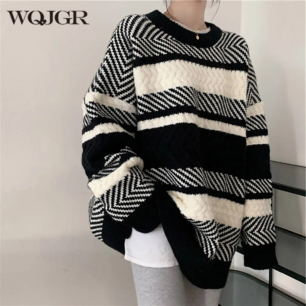 

WQJGR Autumn Winter Sweater Women Stripe Long Sleeve Knitted Casual Loose Ladies Pullover Sweaters